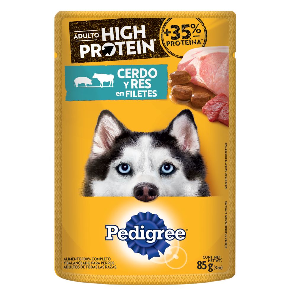 PEDIGREE® High Protein SOBRES™ Adulto en Filetes Con Cerdo Y Res